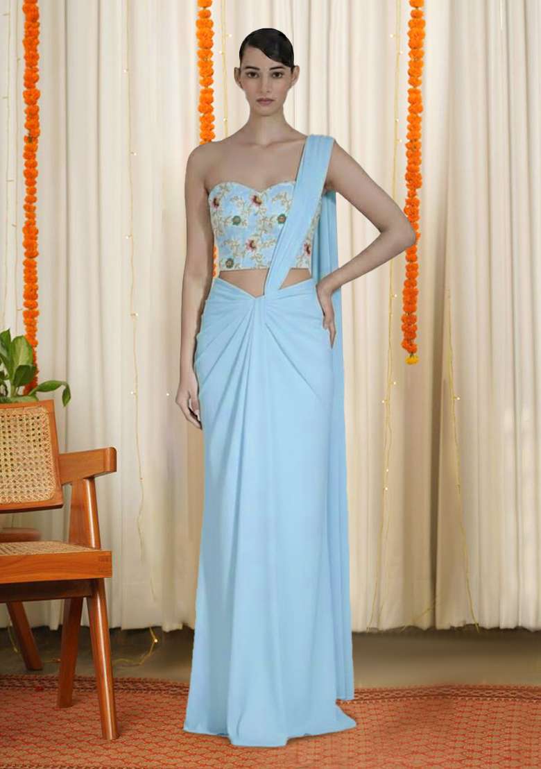 Powder Blue Embroidered Tissue Pre Draped Saree Set - Indya