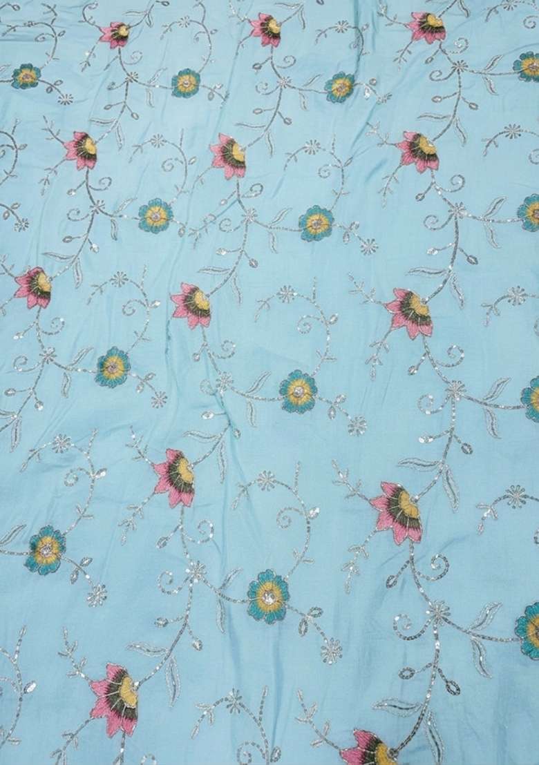 Powder Blue Embroidered Tissue Pre Draped Saree Set - Indya