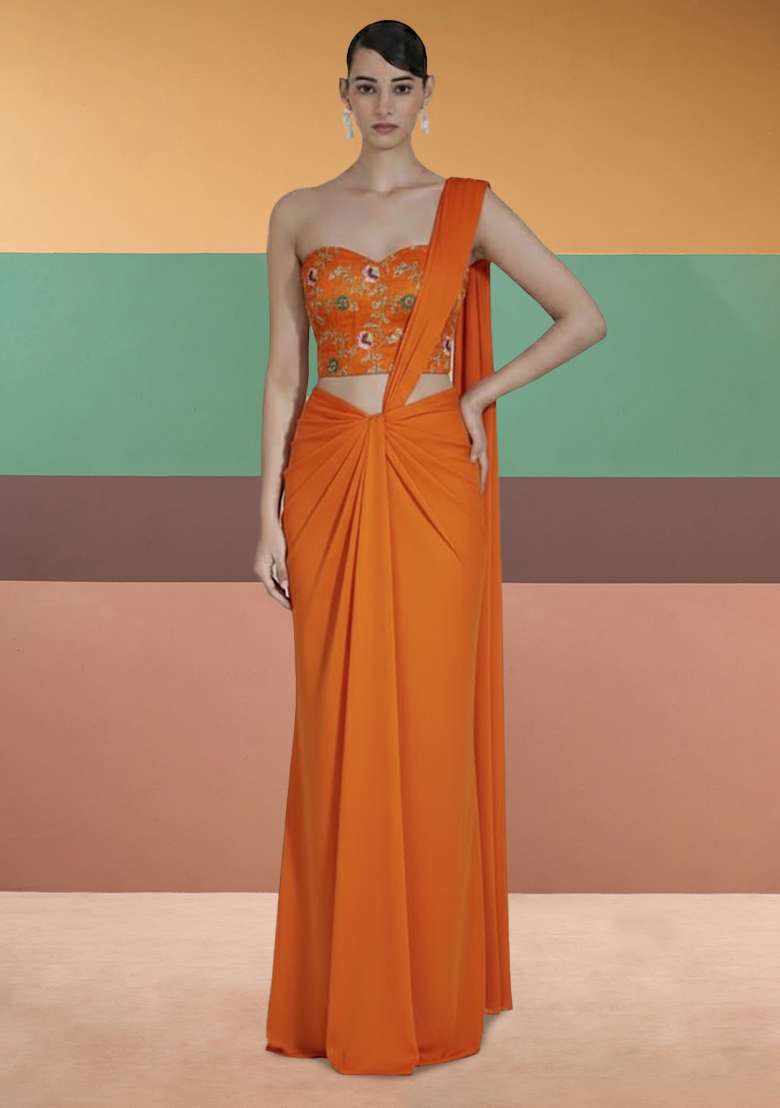Orange Embroidered Tissue Pre Draped Saree Set - Indya