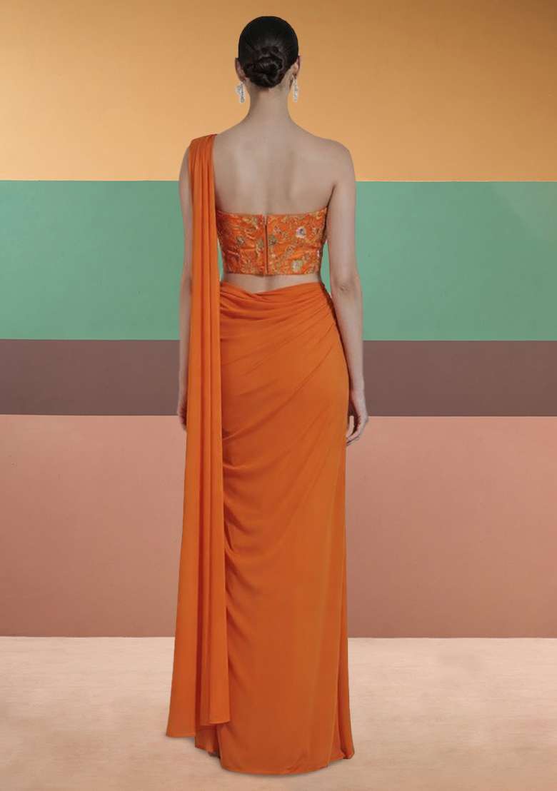 Orange Embroidered Tissue Pre Draped Saree Set - Indya