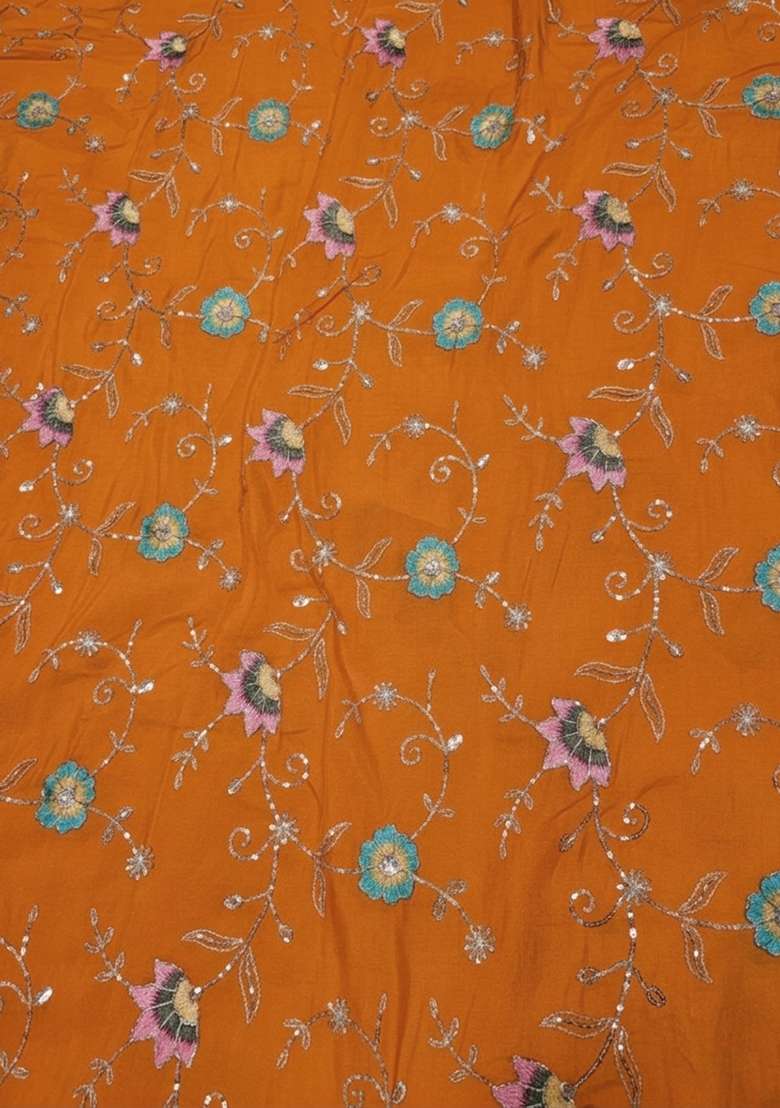 Orange Embroidered Tissue Pre Draped Saree Set - Indya
