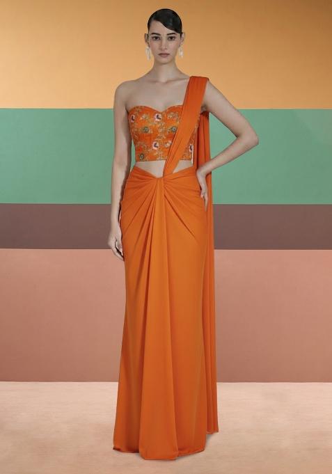 Orange Embroidered Tissue Pre Draped Saree Set