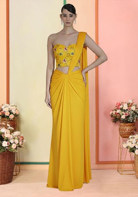Yellow Embroidered Tissue Pre Draped Saree Set