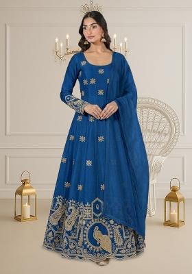 Royal Blue Printed Crepe Anarkali Set