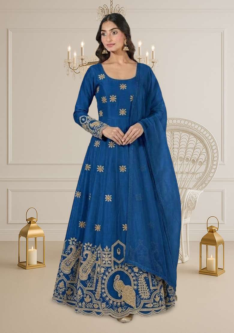 Royal Blue Printed Crepe Anarkali Set - Indya