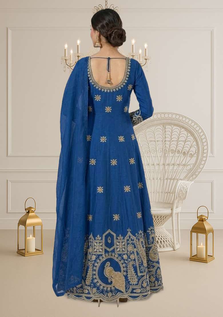 Royal Blue Printed Crepe Anarkali Set - Indya