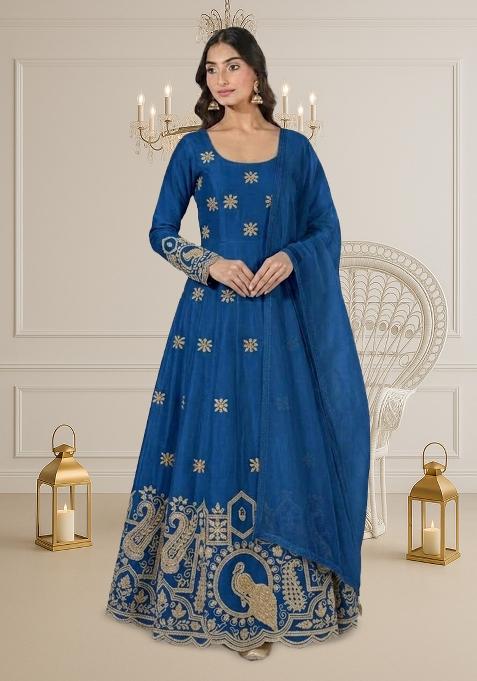 Royal Blue Printed Crepe Anarkali Set