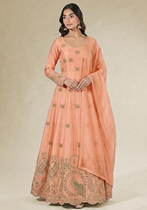 Peach Printed Crepe Anarkali Set