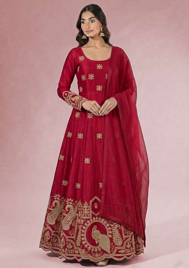 Red Printed Crepe Anarkali Set - Indya