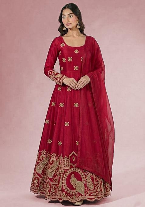 Red Printed Crepe Anarkali Set