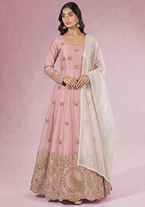 Rose Pink Printed Crepe Anarkali Set