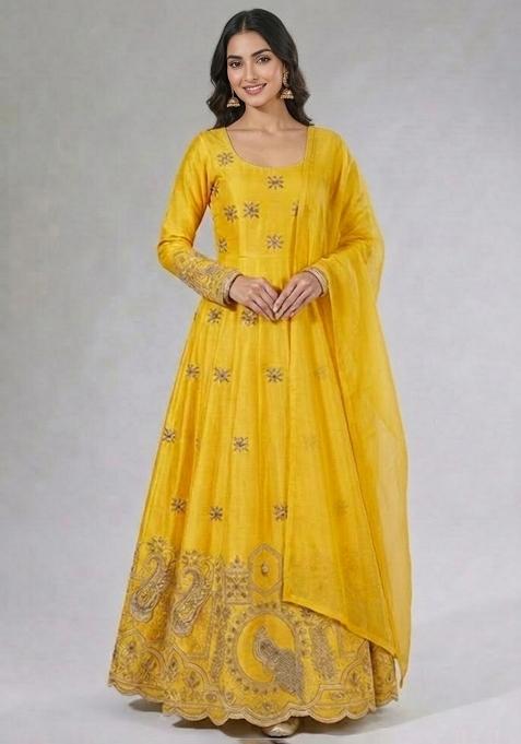 Yellow Printed Crepe Anarkali Set