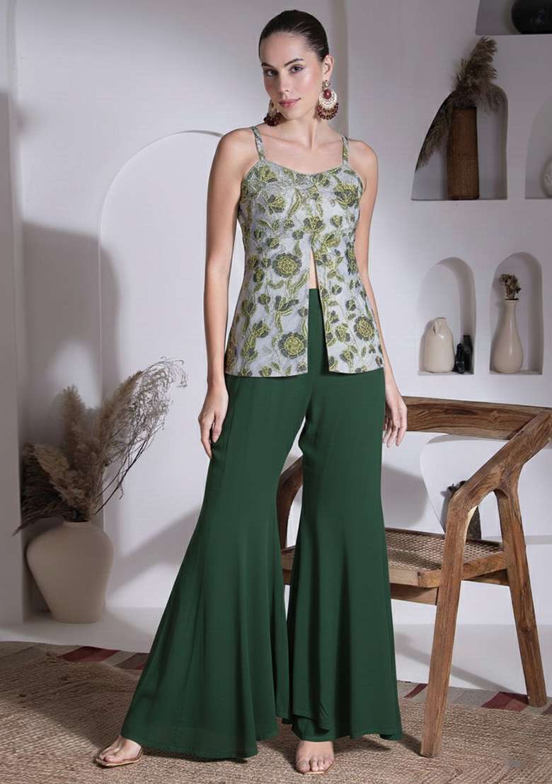 Bottle Green Floral Print Organza Fusion Set - Indya