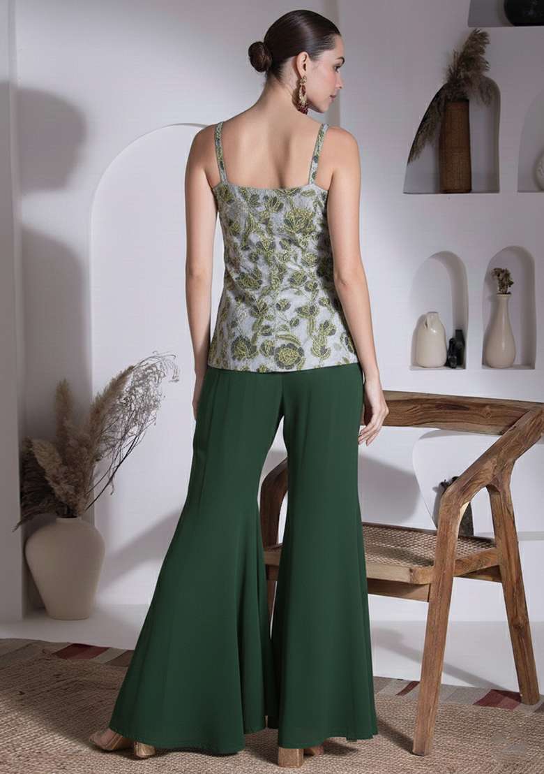 Bottle Green Floral Print Organza Fusion Set - Indya
