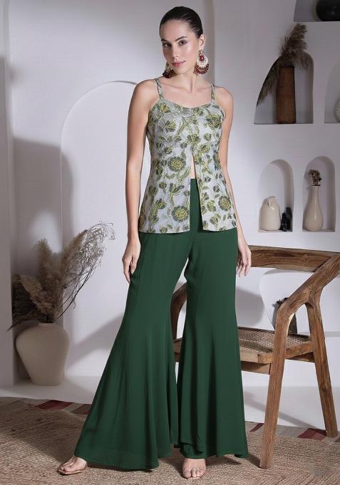 Bottle Green Floral Print Organza Fusion Set