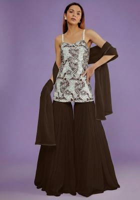 Dark Brown Embroidered Cotton Sharara Set