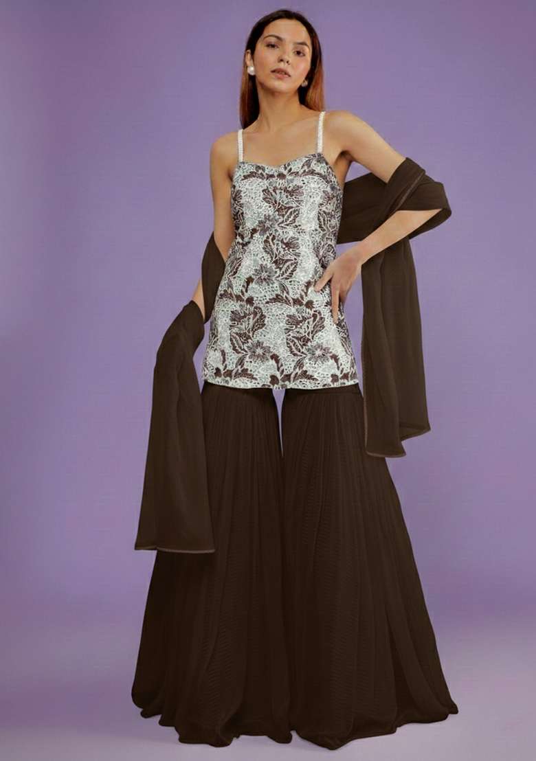 Dark Brown Embroidered Cotton Sharara Set - Indya