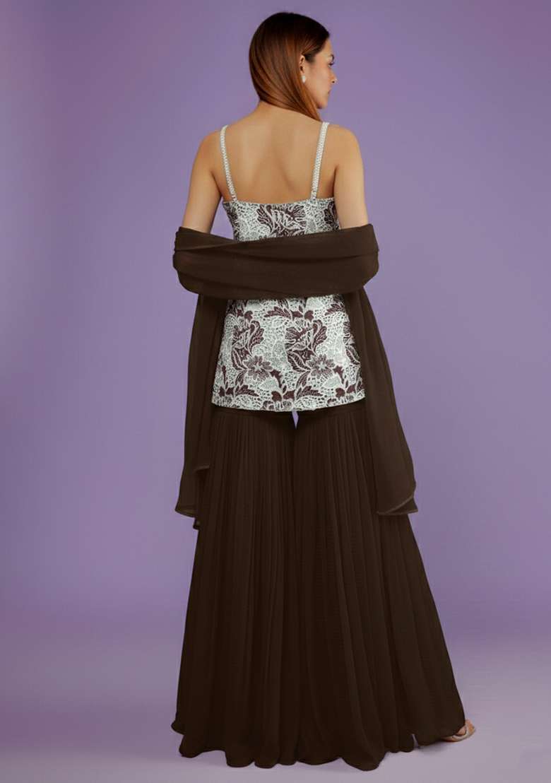 Dark Brown Embroidered Cotton Sharara Set - Indya
