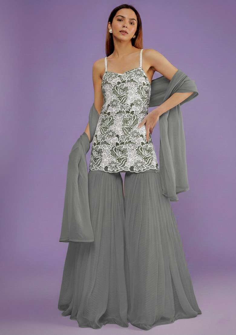 Steel Grey Embroidered Cotton Sharara Set - Indya