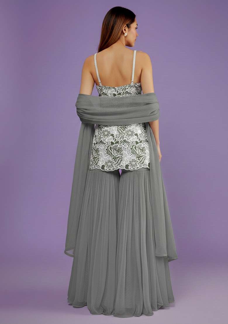 Steel Grey Embroidered Cotton Sharara Set - Indya