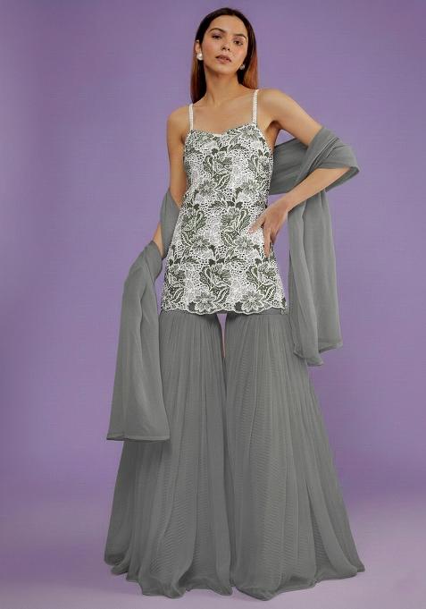 Steel Grey Embroidered Cotton Sharara Set