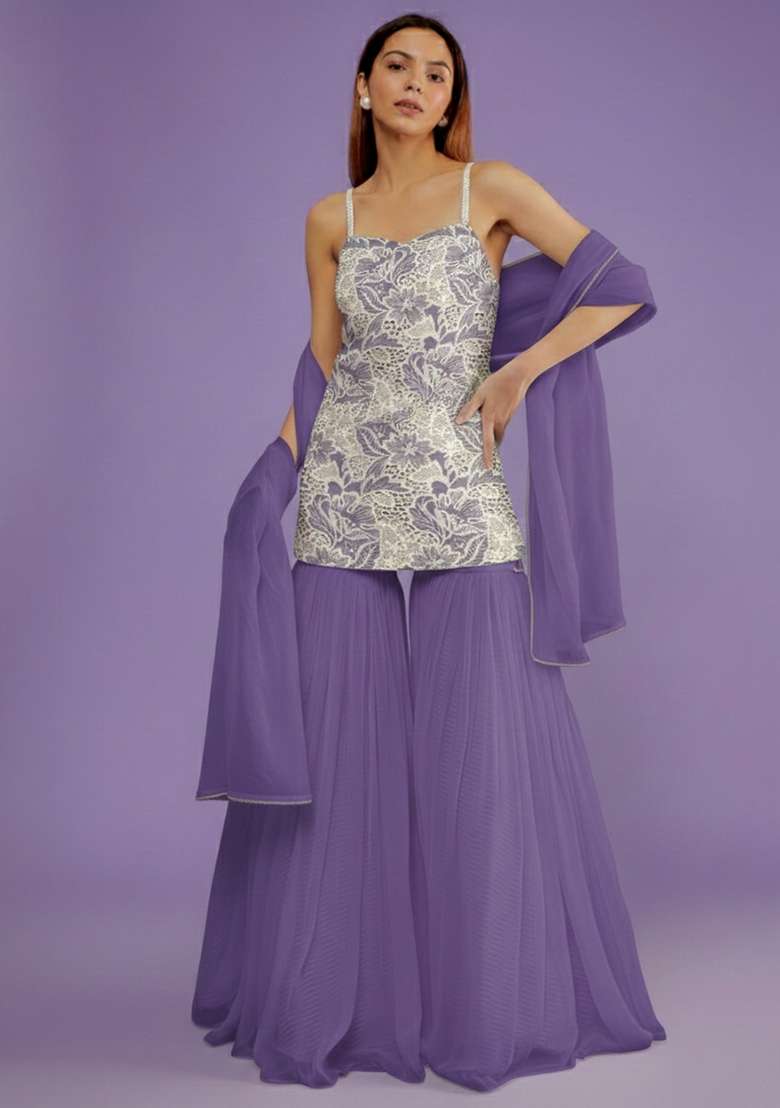 Lavender Embroidered Cotton Sharara Set - Indya