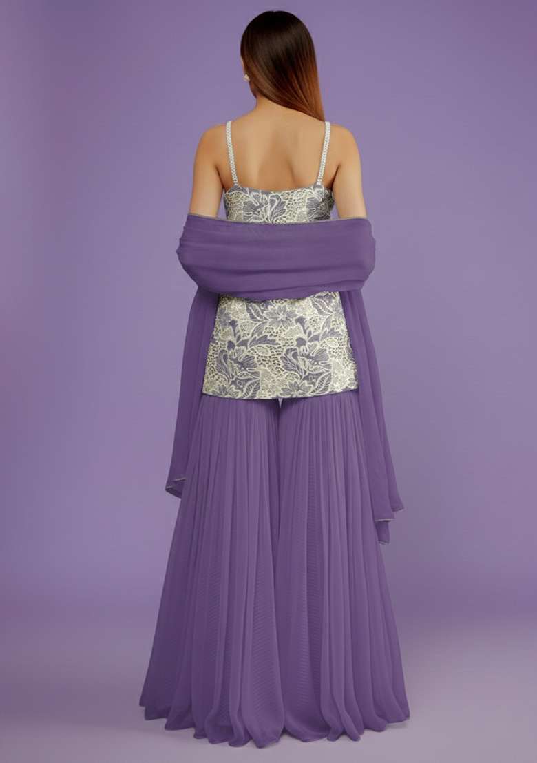 Lavender Embroidered Cotton Sharara Set - Indya