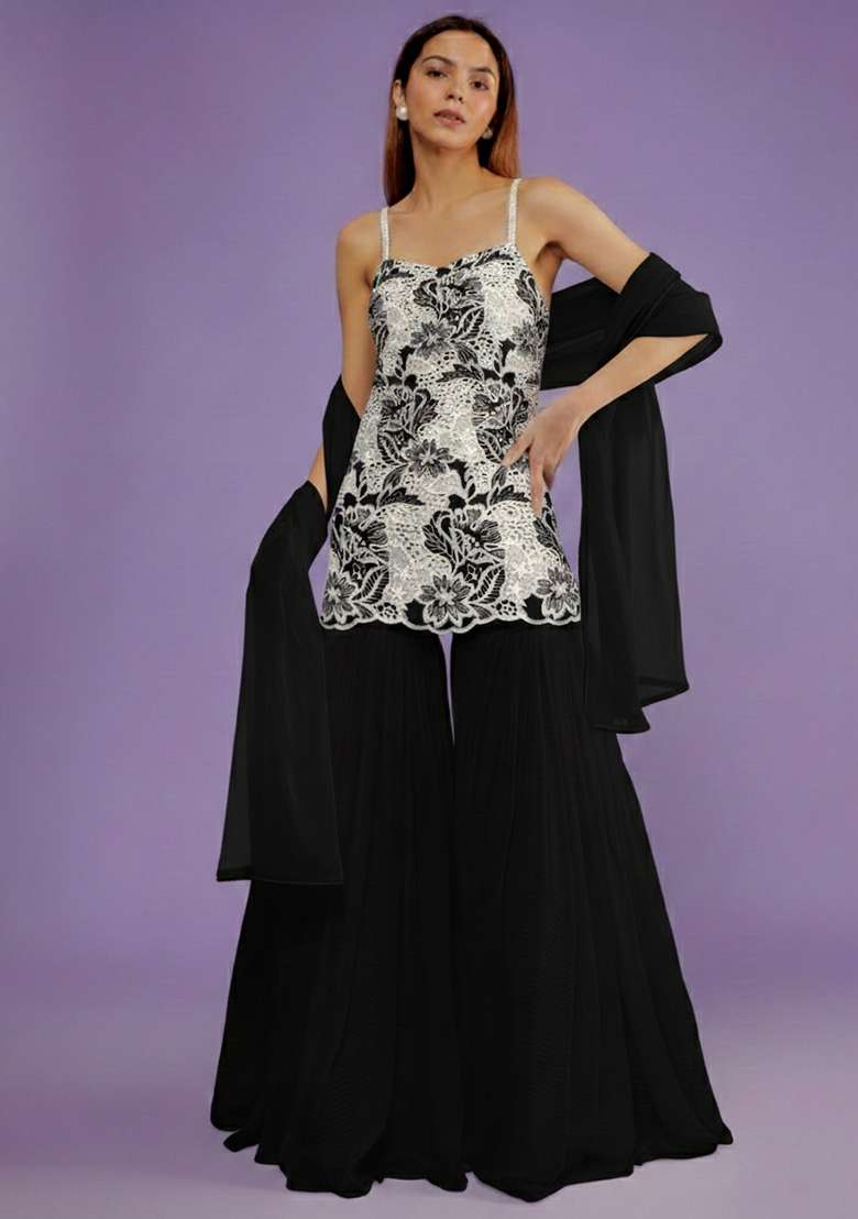 Black Embroidered Cotton Sharara Set - Indya