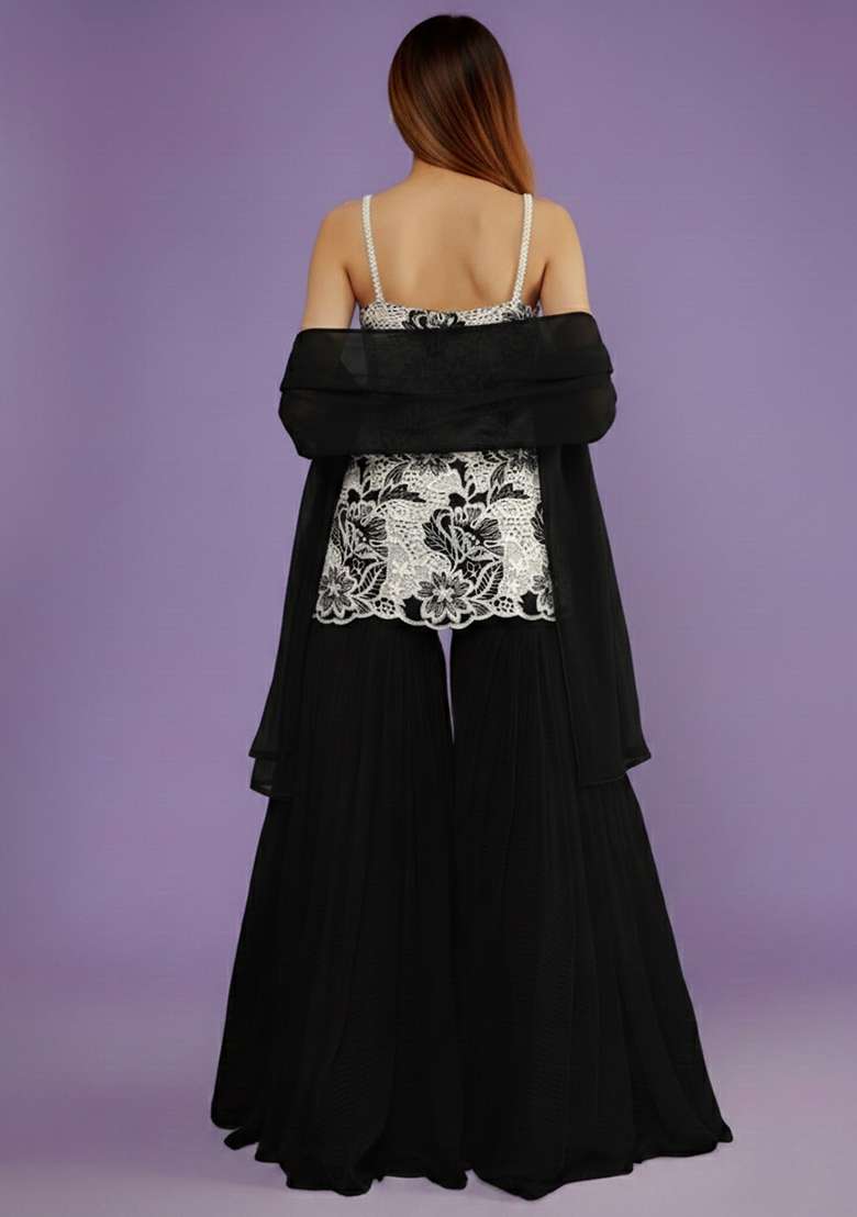 Black Embroidered Cotton Sharara Set - Indya