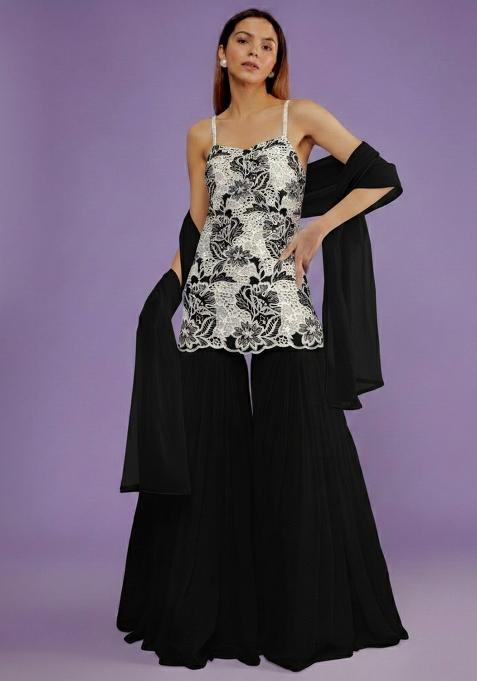 Black Embroidered Cotton Sharara Set