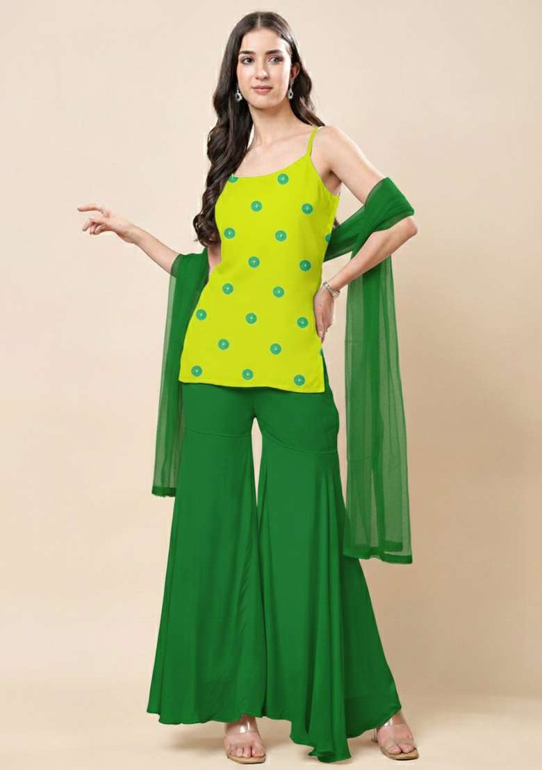 Lime Green Batik Print Satin Sharara Set - Indya