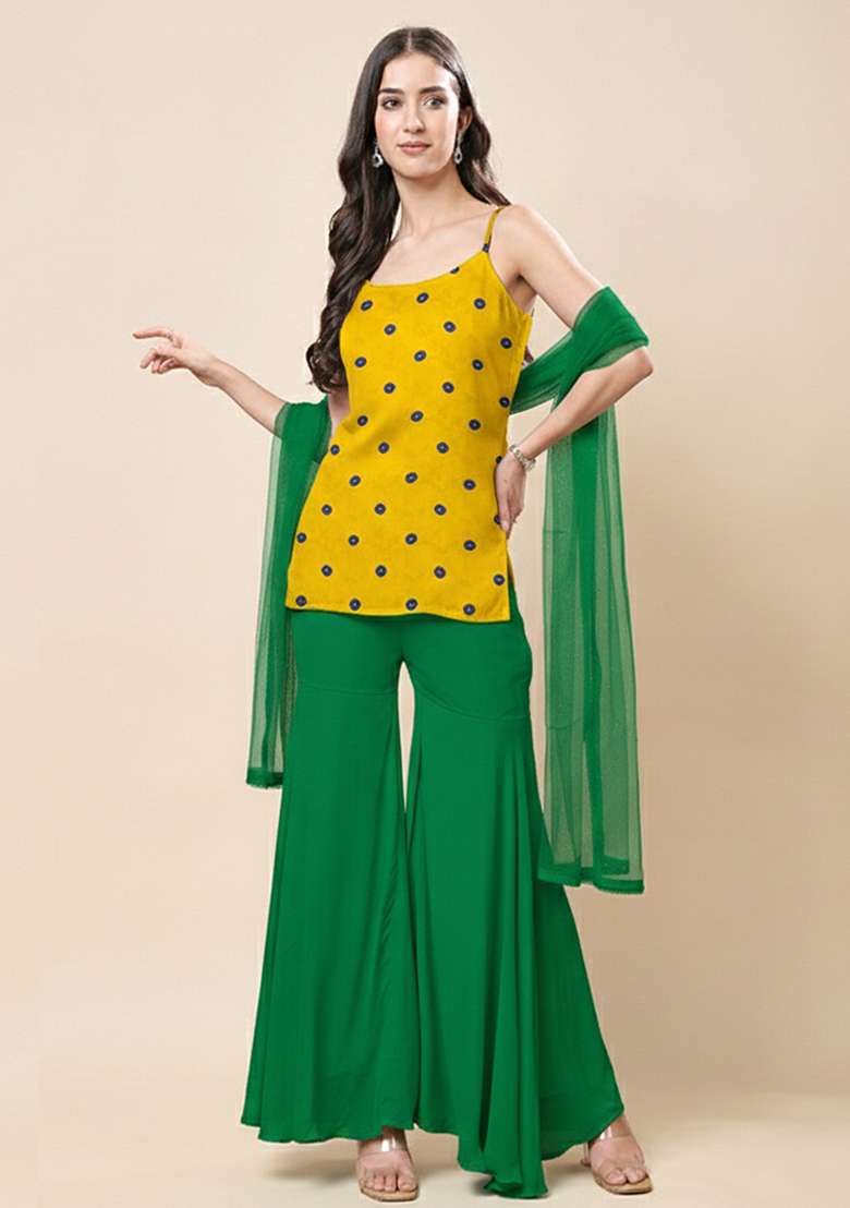 Mustard And Green Batik Print Satin Sharara Set - Indya