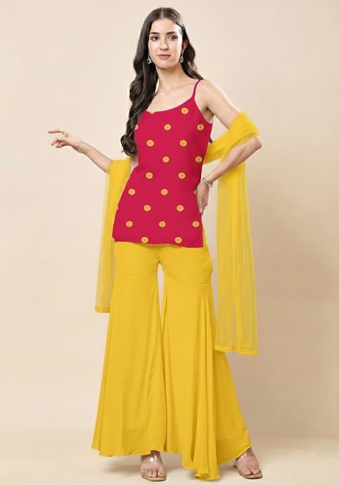 Pink And Yellow Batik Print Satin Sharara Set