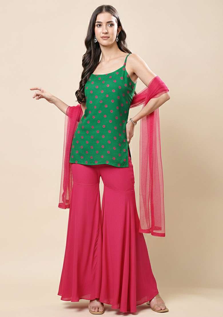 Green And Pink Batik Print Satin Sharara Set - Indya
