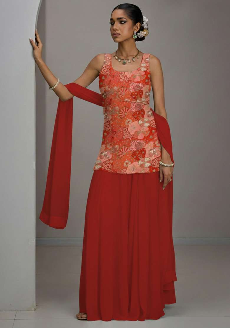 Dark Red Floral Print Crepe Sharara Set - Indya