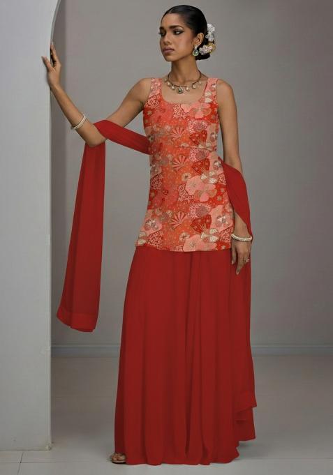 Dark Red Floral Print Crepe Sharara Set