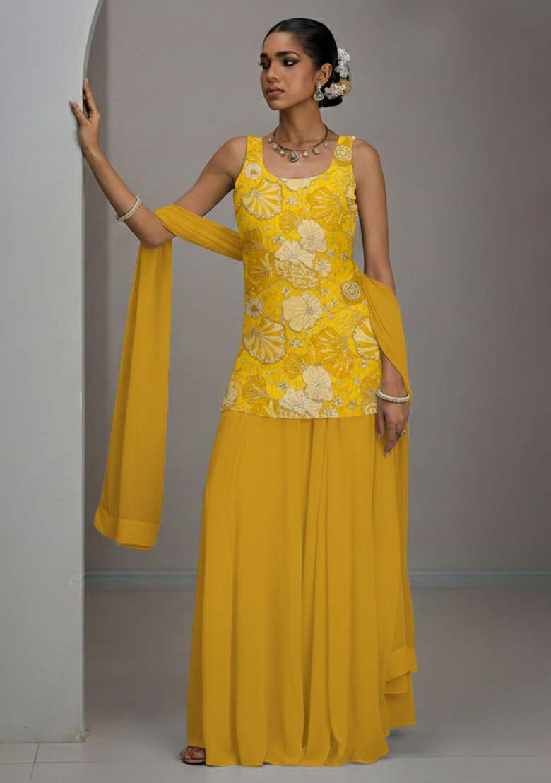 Mustard Floral Print Crepe Sharara Set - Indya