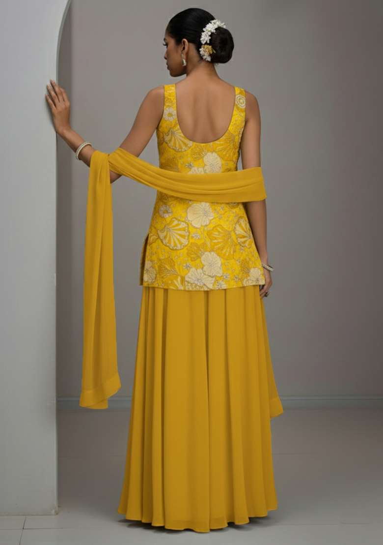 Mustard Floral Print Crepe Sharara Set - Indya