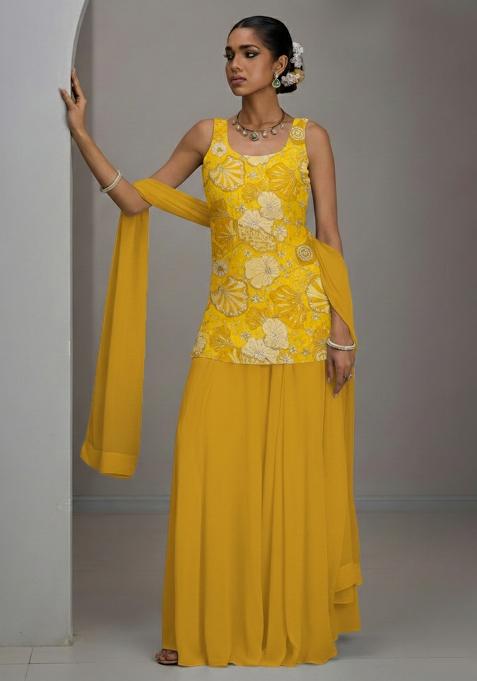 Mustard Floral Print Crepe Sharara Set