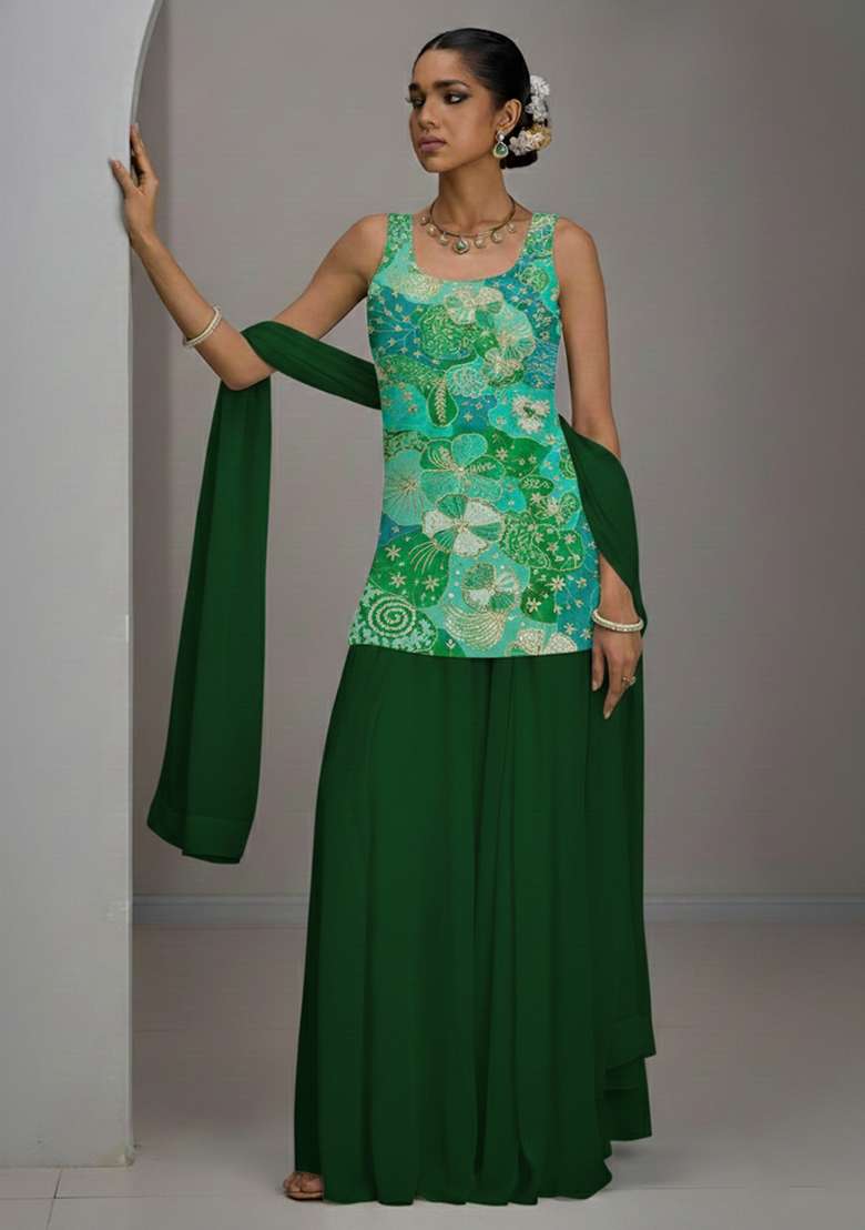 Bottle Green Floral Print Crepe Sharara Set - Indya