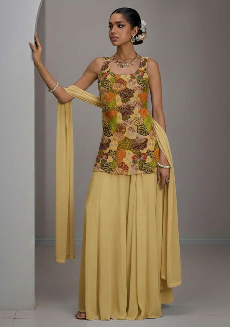 Beige Floral Print Crepe Sharara Set - Indya