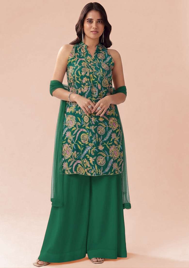 Emerald Green Floral Print Crepe Kurta Set - Indya
