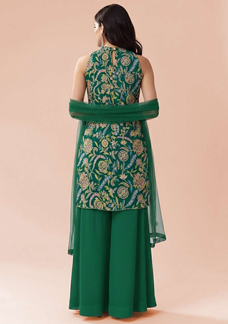 Emerald Green Floral Print Crepe Kurta Set - Indya