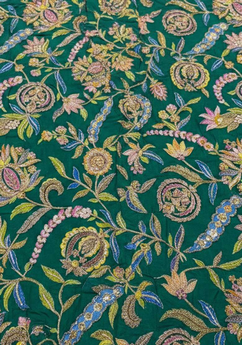 Emerald Green Floral Print Crepe Kurta Set - Indya