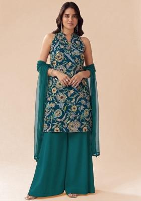 Teal Green Floral Print Crepe Kurta Set