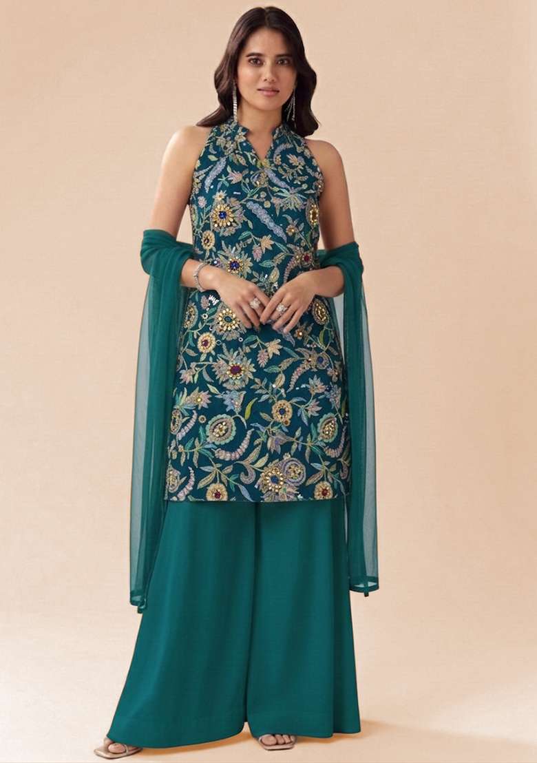 Teal Green Floral Print Crepe Kurta Set - Indya