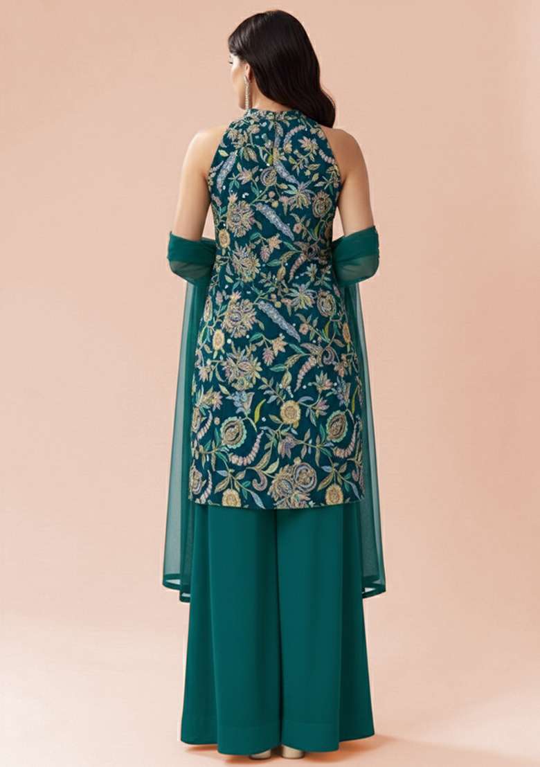 Teal Green Floral Print Crepe Kurta Set - Indya