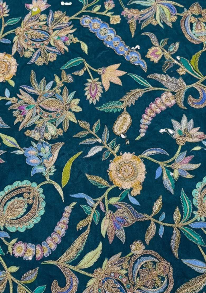 Teal Green Floral Print Crepe Kurta Set - Indya