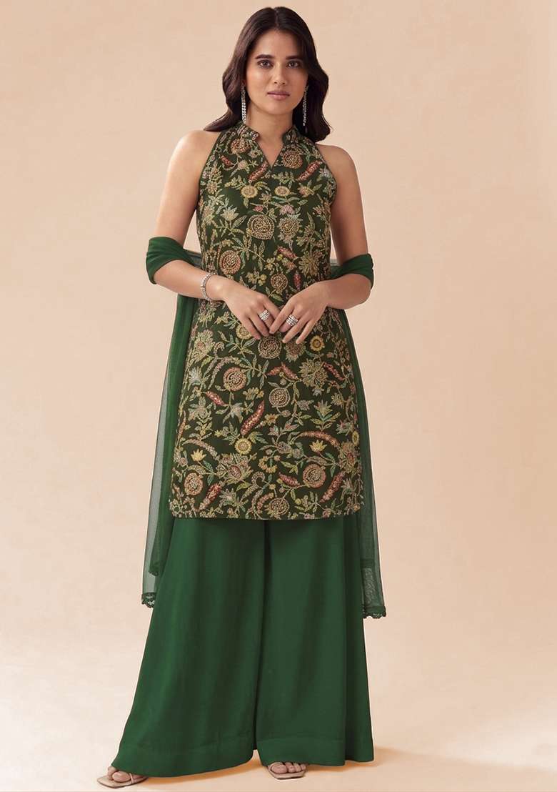 Bottle Green Floral Print Crepe Kurta Set - Indya