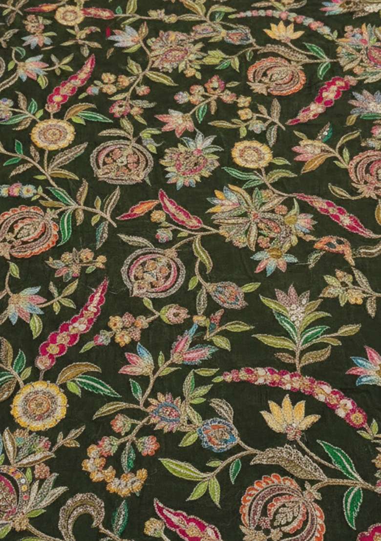 Bottle Green Floral Print Crepe Kurta Set - Indya